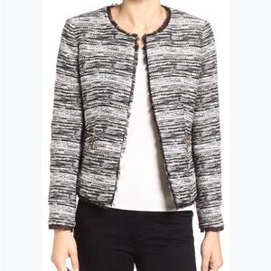 Ivanka Trump Tweed Blazer Jacket Black White Fringe Hem Collarless Lined size 8